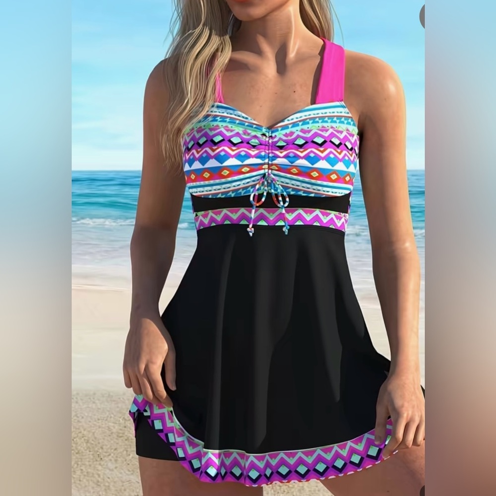 NEW 2 piece Swim Tankini Set , tribal pink on black #SW-D2-0073